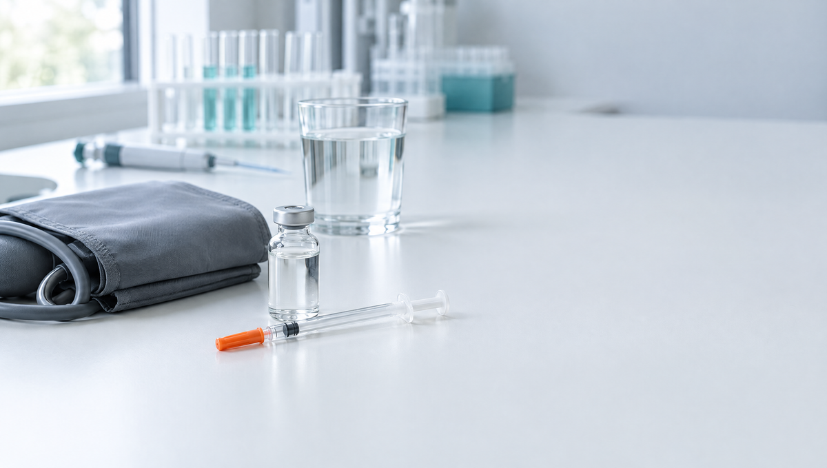 Unbeschriftetes Glasfläschchen, U-100-Insulinspritze, Blutdruckmanschette und ein Glas Wasser auf einem weißen Labortisch