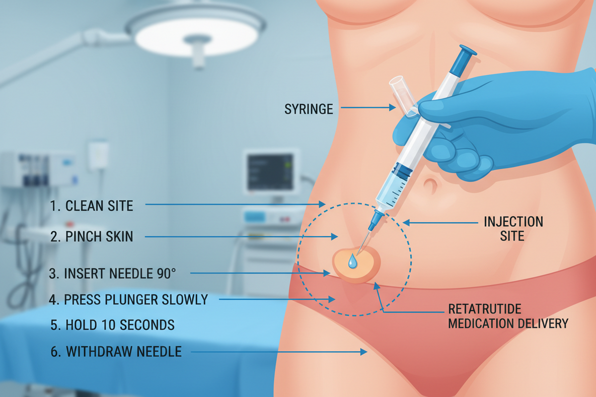 Illustrated subcutaneous injection into the abdomen with labeled steps: clean site, pinch skin, insert needle at 90 degrees, press plunger slowly, hold 10 seconds, withdraw needle