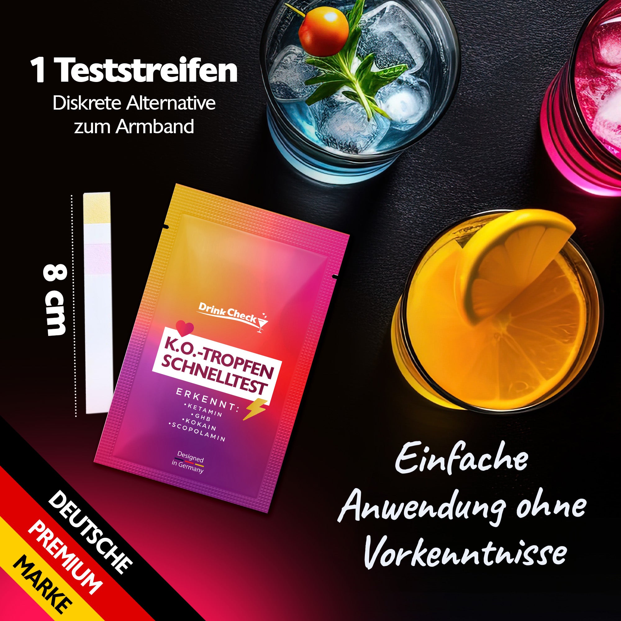 DrinkCheck KO Tropfen Schnelltest zur Erkennung von Ketamin, GHB, Scopolamin und Kokain