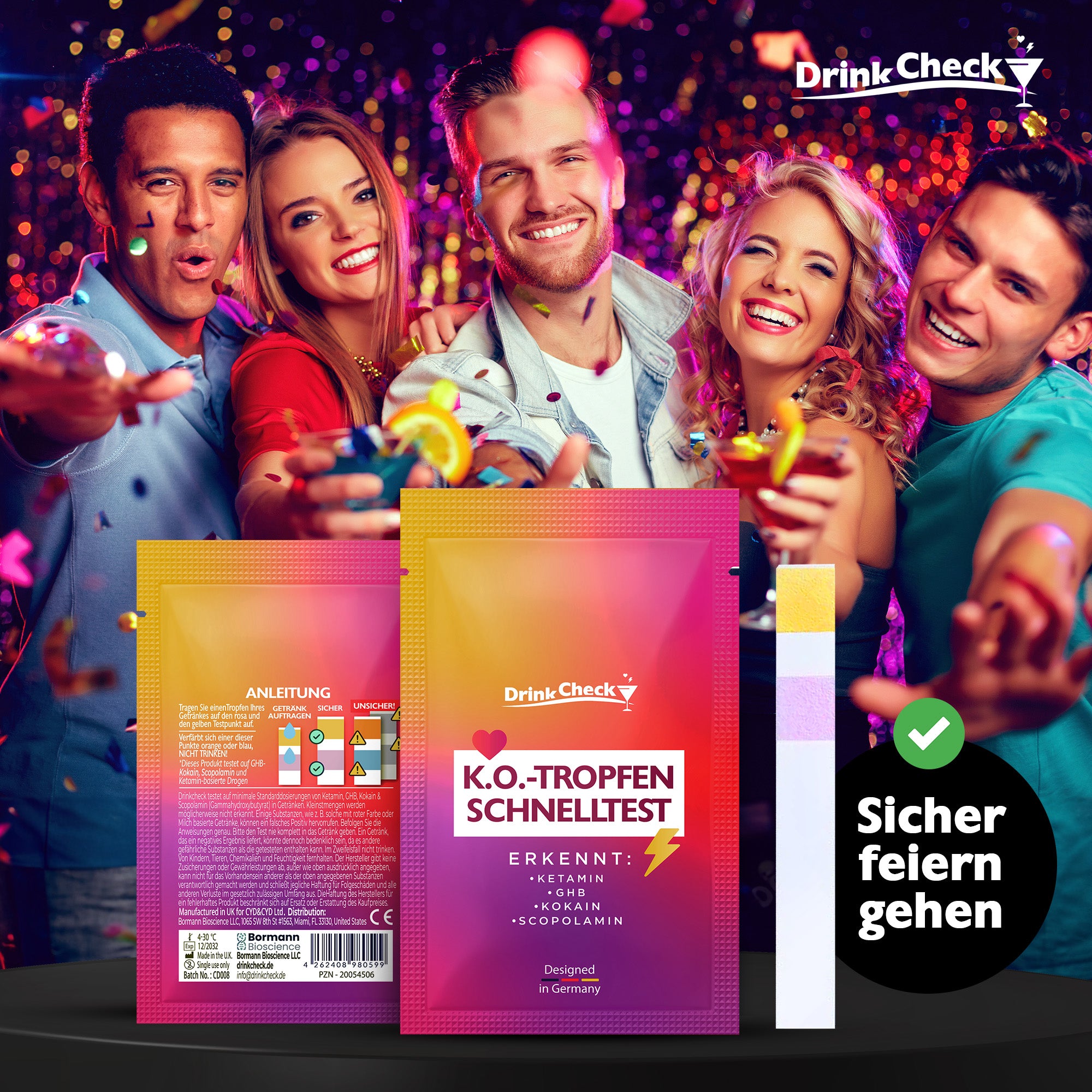 DrinkCheck KO Tropfen Schnelltest zur Erkennung von Ketamin, GHB, Scopolamin und Kokain