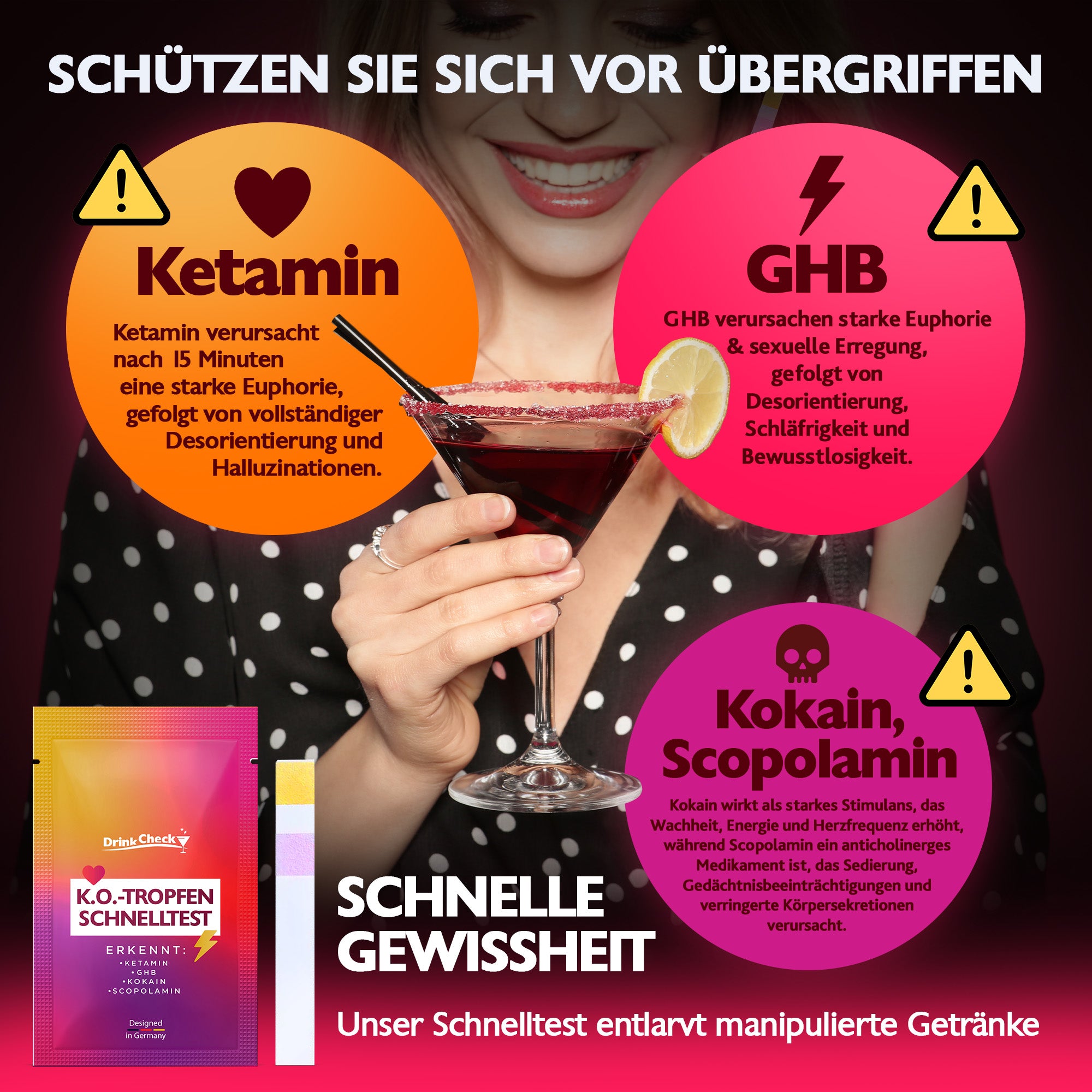 DrinkCheck KO Tropfen Schnelltest zur Erkennung von Ketamin, GHB, Scopolamin und Kokain
