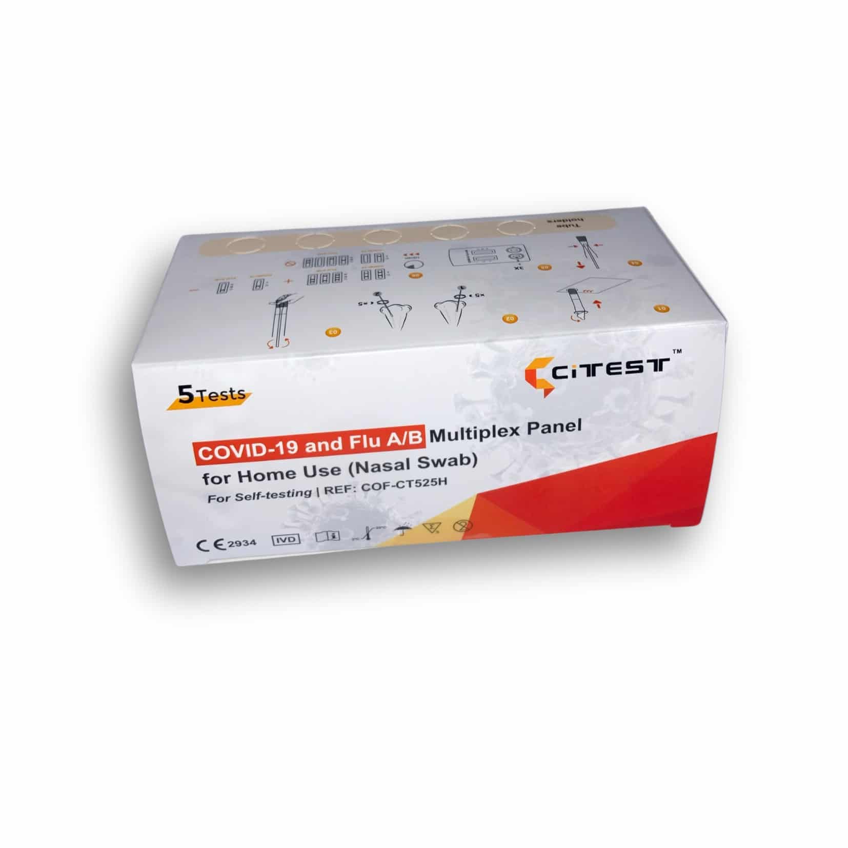 CITEST COVID-19 and Influenza A/B Antigen Rapid Combo Test (Swab) Home Test Nasal - 5-Pack