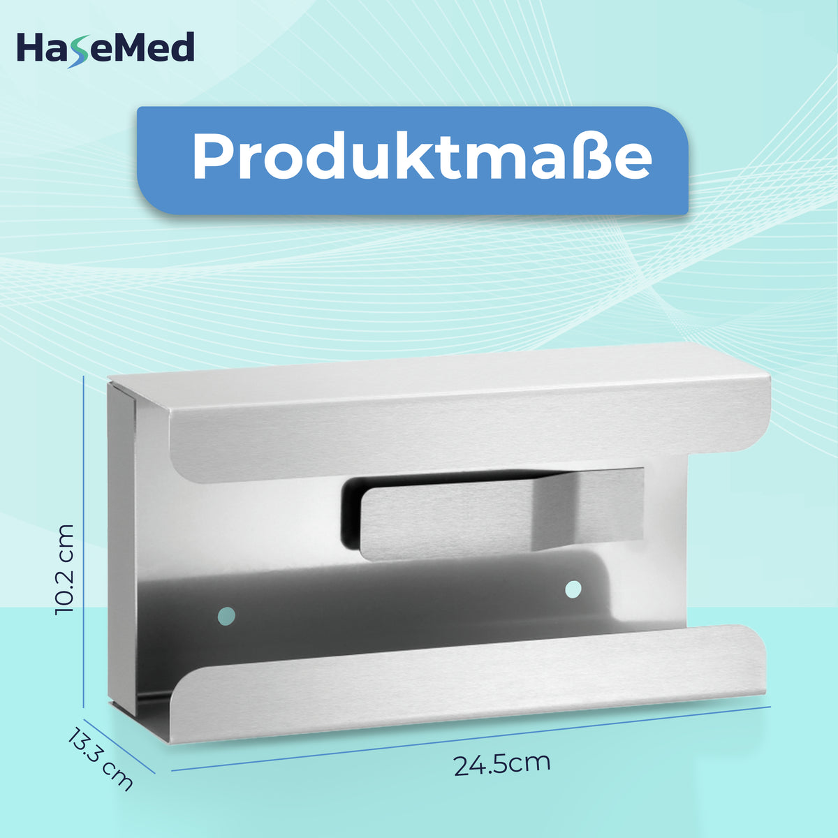 HaseMed HAS-30 Edelstahlhalter mit Feder für eine Handschuhbox, mit Maßangaben dargestellt. Geliefert wird ein Halter.
