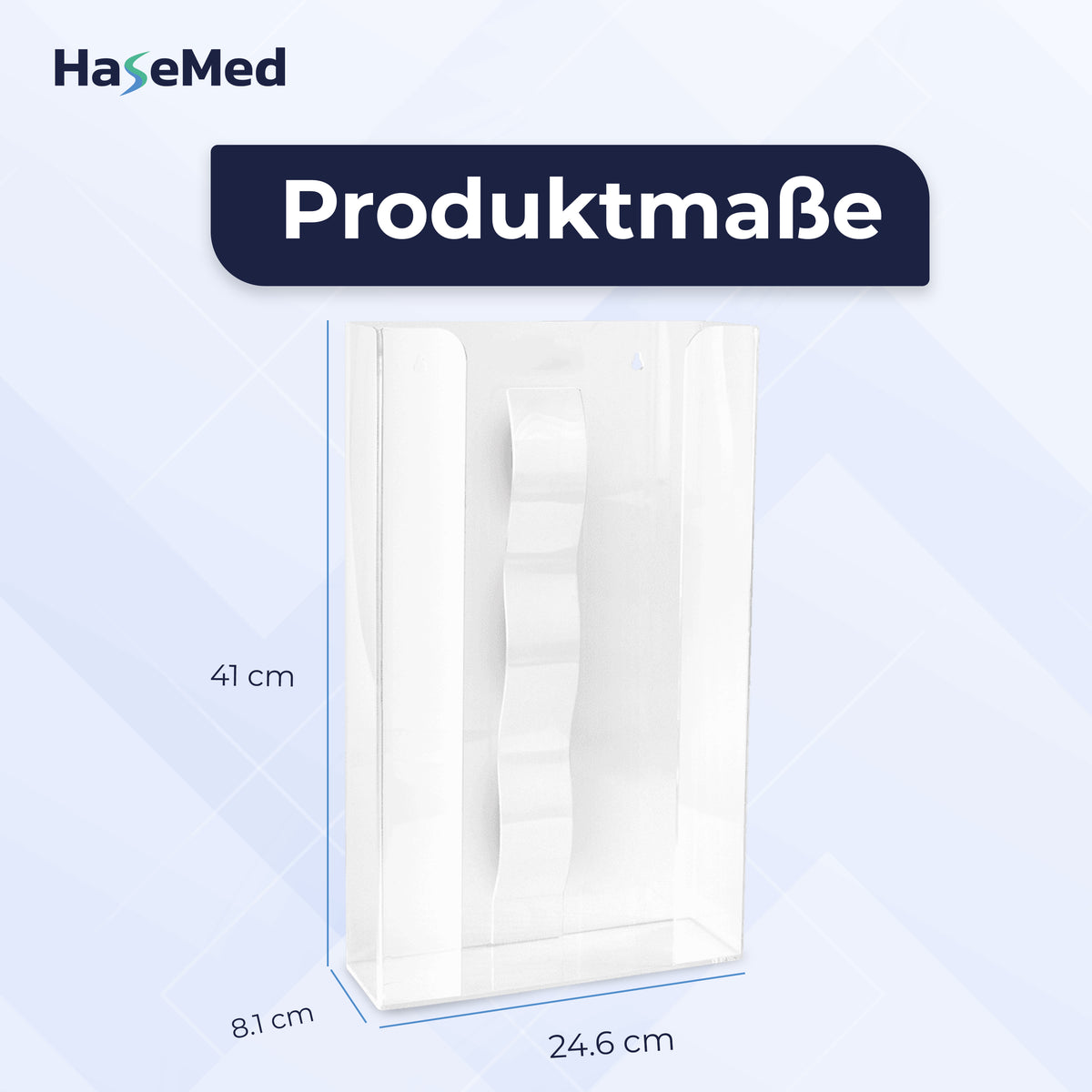 Maße des HaseMed HAS-35 Acrylhalters: 41 × 24,6 × 8,1 cm; ein Halter für drei Handschuhboxen.