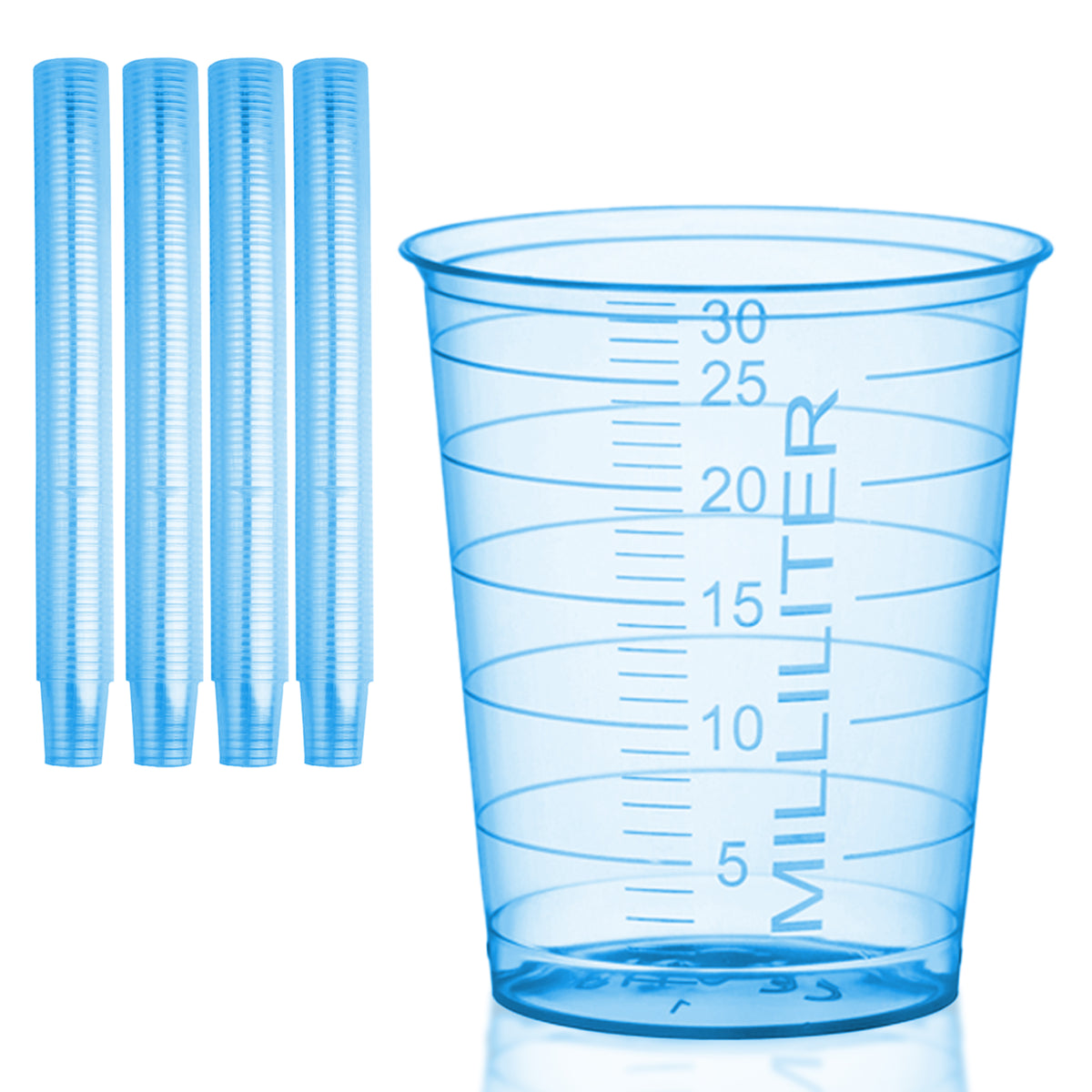 Stacks of HaseMed 30 ml medicine cups. Colour: blue. Sold as 80 cups of one selected colour, without lids.