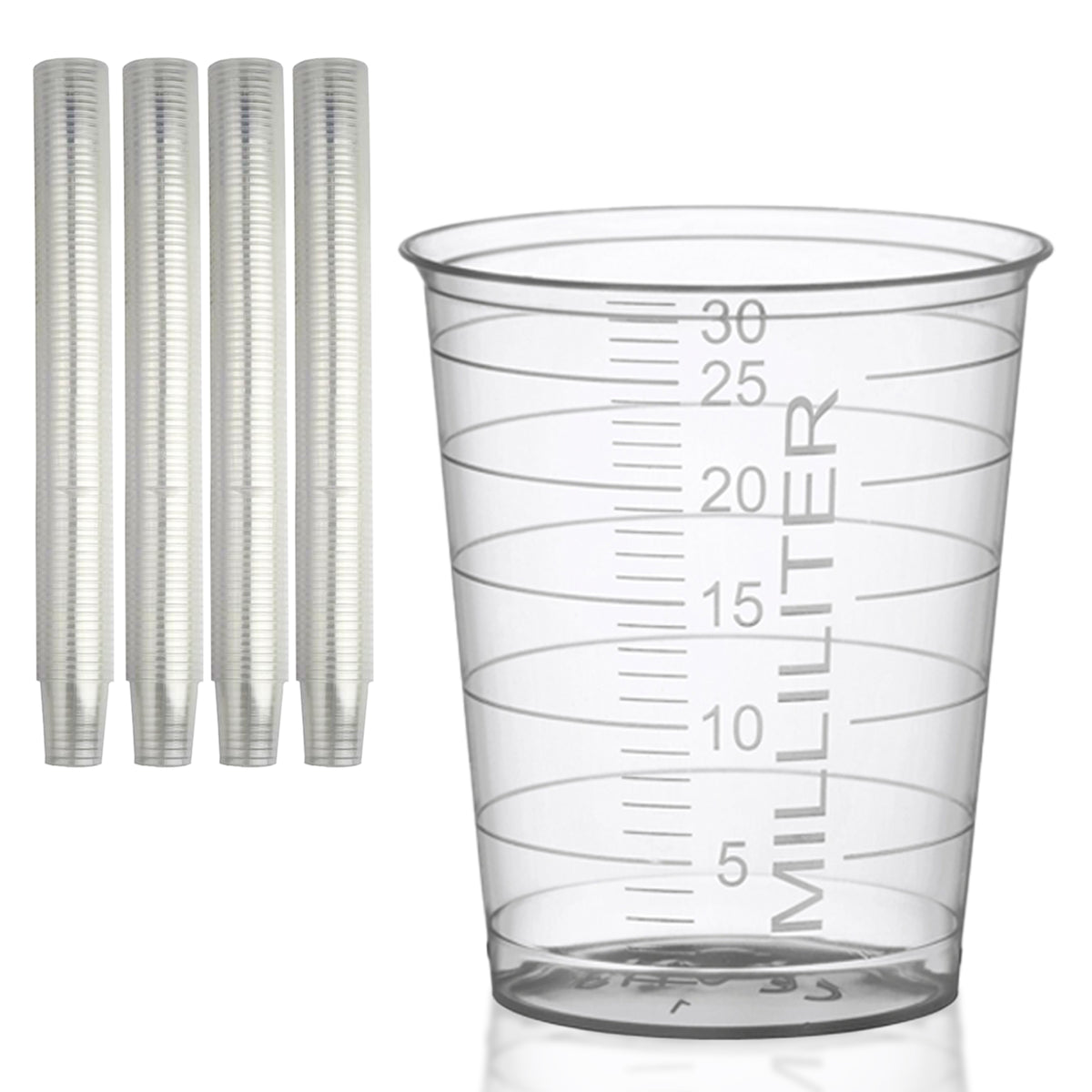 Stacks of HaseMed 30 ml medicine cups. Colour: transparent. Sold as 80 cups of one selected colour, without lids.