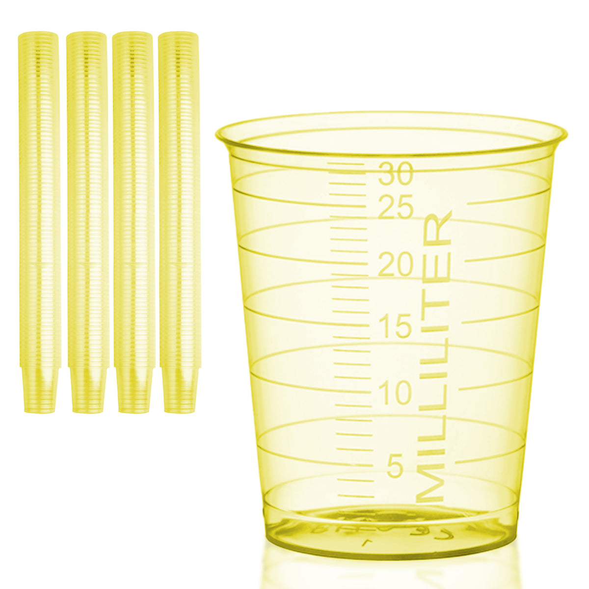 Stacks of HaseMed 30 ml medicine cups. Colour: yellow. Sold as 80 cups of one selected colour, without lids.