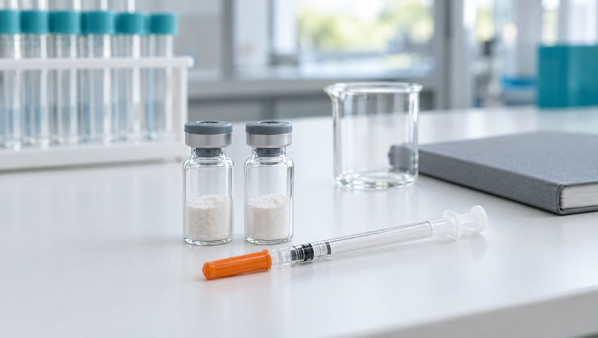 Zwei unbeschriftete Fläschchen mit lyophilisiertem Peptidpulver, eine U-100-Insulinspritze, ein Becherglas und ein Notizbuch auf einer weißen Laborbank