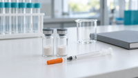 Zwei unbeschriftete Fläschchen mit lyophilisiertem Peptidpulver, eine U-100-Insulinspritze, ein Becherglas und ein Notizbuch auf einer weißen Laborbank