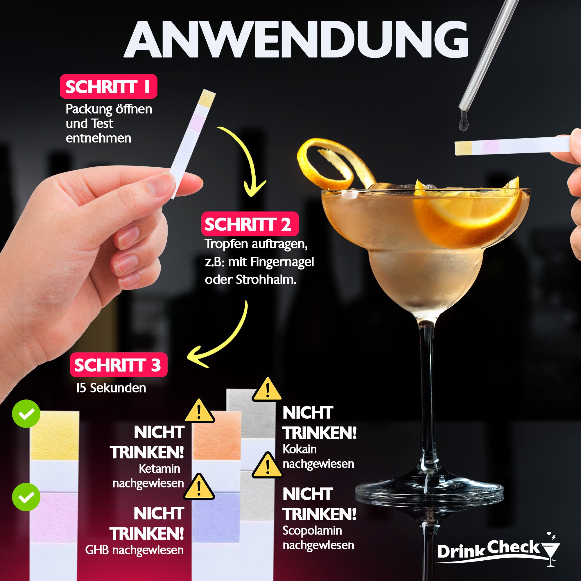 DrinkCheck KO Tropfen Schnelltest zur Erkennung von Ketamin, GHB, Scopolamin und Kokain