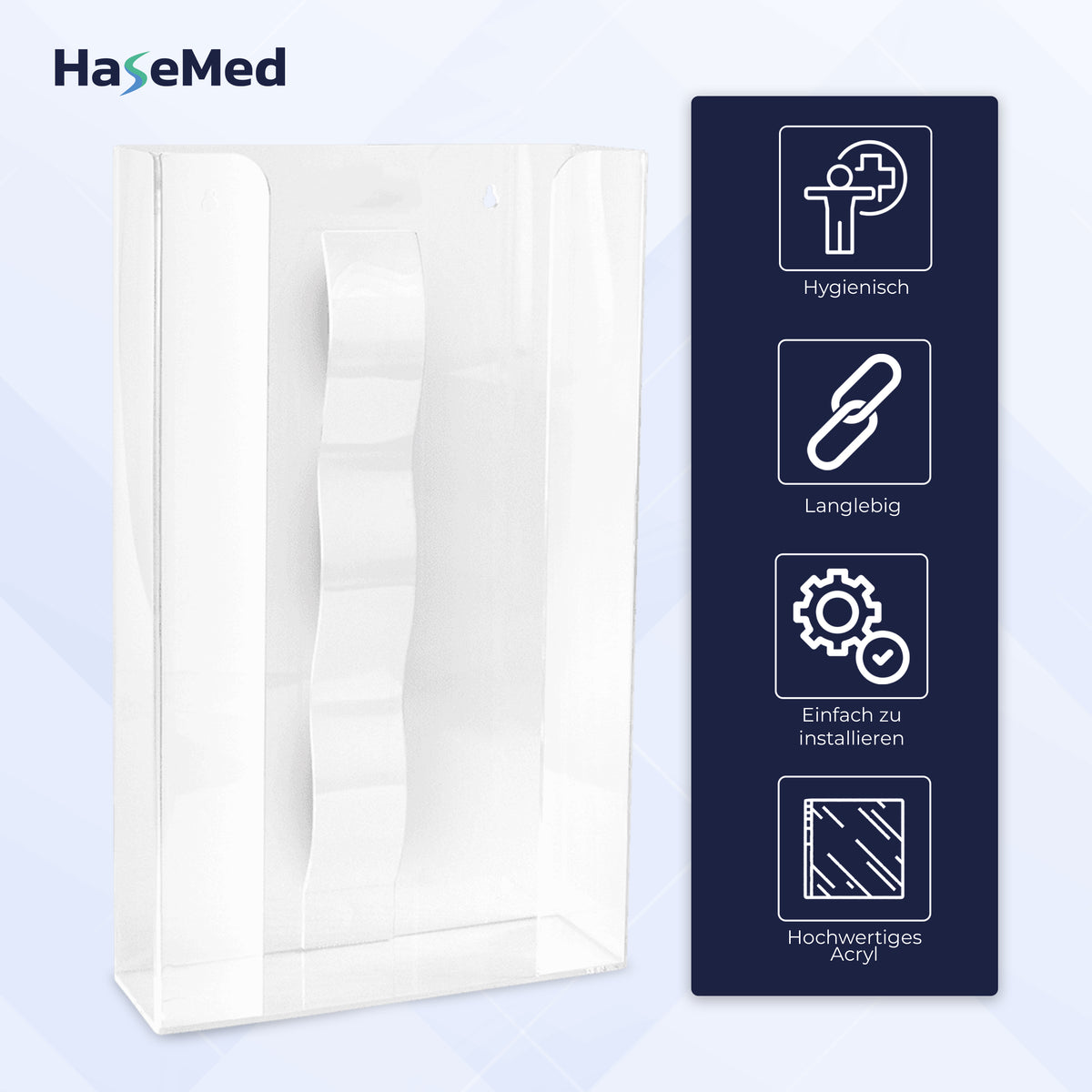 HaseMed HAS-35 Acrylhalter mit Feder für drei Handschuhboxen, mit Eigenschaftsangaben dargestellt. Geliefert wird ein Halter.