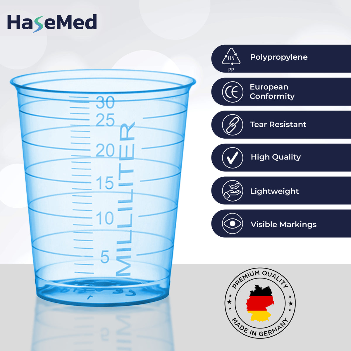 Feature graphic for HaseMed 30 ml medicine cups. Colour: blue. Sold as 80 cups of one selected colour, without lids.