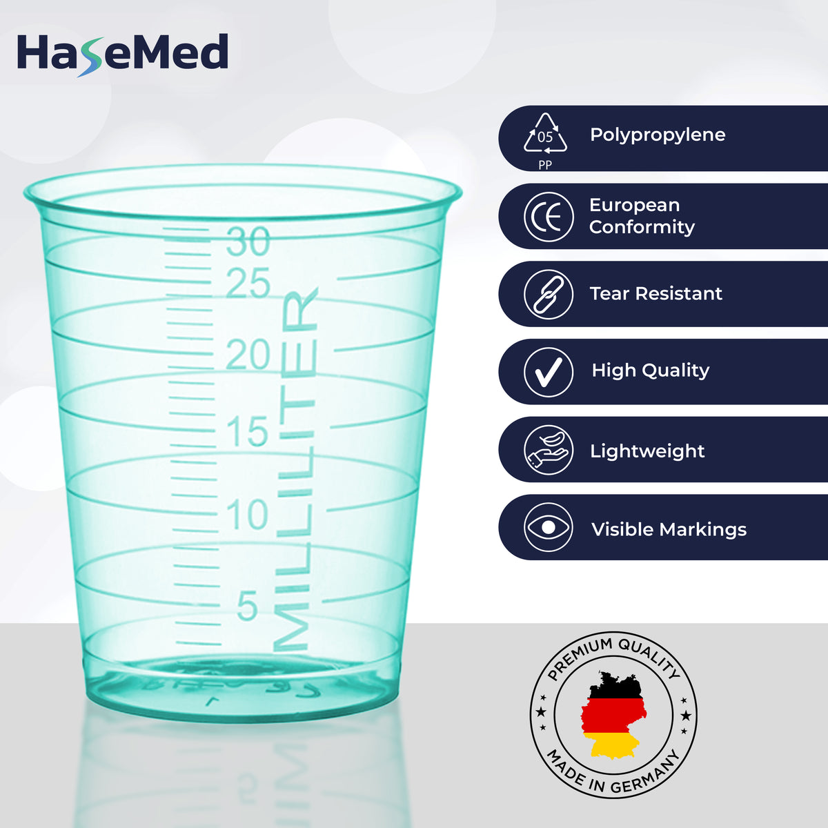 Feature graphic for HaseMed 30 ml medicine cups. Colour: green. Sold as 80 cups of one selected colour, without lids.
