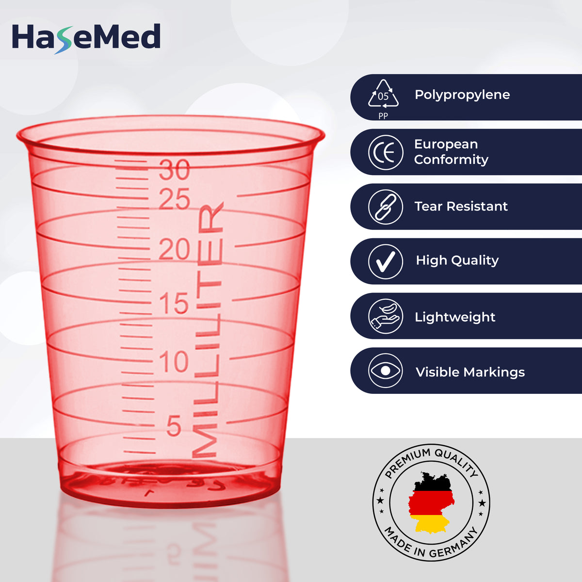 Feature graphic for HaseMed 30 ml medicine cups. Colour: red. Sold as 80 cups of one selected colour, without lids.