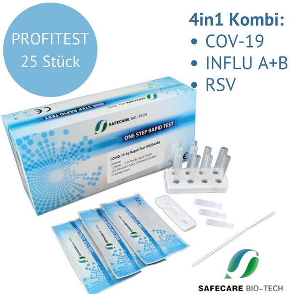 Safecare 4in1 Corona/Grippe/RSV-Antigen Kombi-Schnelltest, 1 Packung = 25 Stück